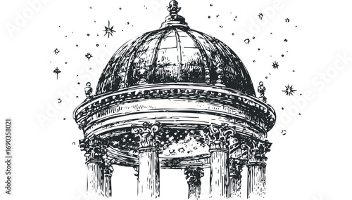 Hand drawn dome structure with stars. Vector hand drawn illustration