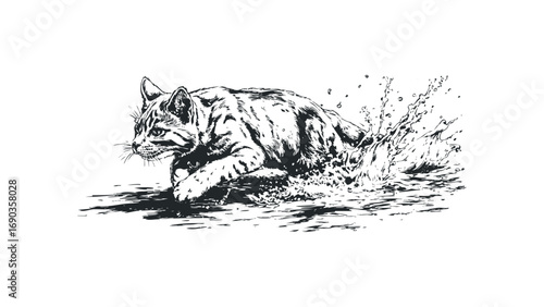 Feline creature splashing through water in dynamic sketch style. Vector hand drawn illustration