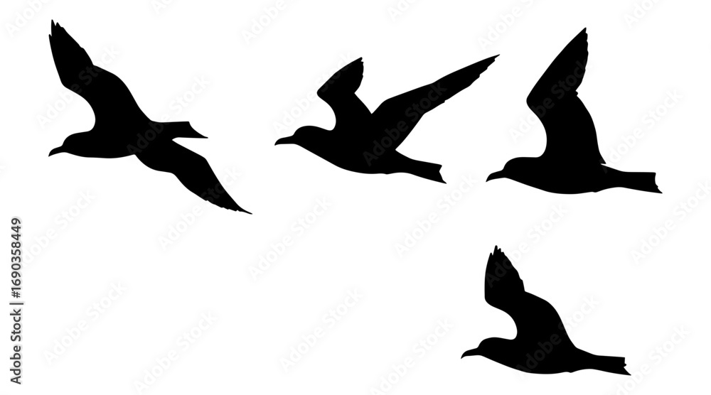 Fototapeta premium solid black silhouettes of four seagulls