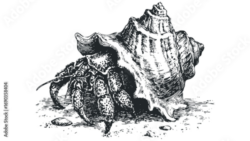 Hermit crab with detailed shell on sand image. Vector hand drawn illustration