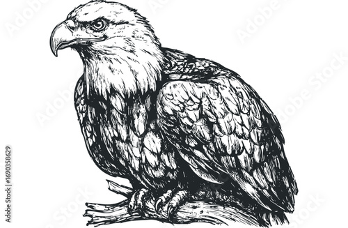 Pen and ink sketch of a regal eagle perched on a branch. Vector hand drawn illustration