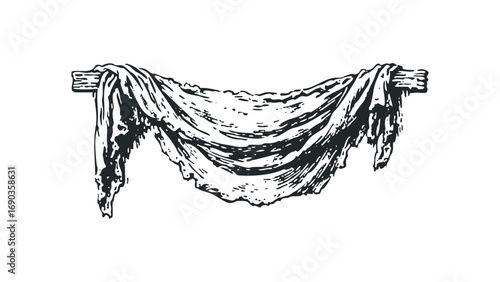 Rough fabric draped over wooden beams. Vector hand drawn illustration