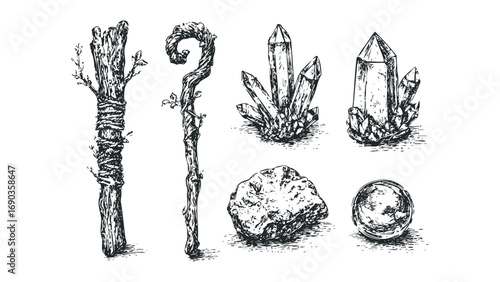 Fantasy magical staffs and crystals graphic. Vector hand drawn illustration