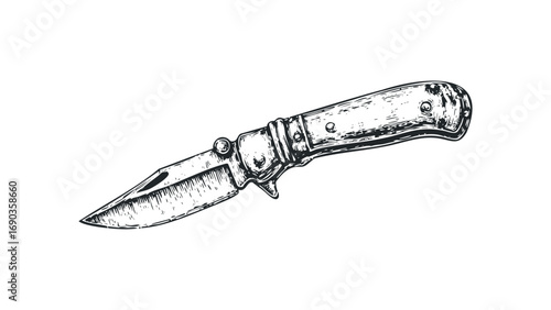 Engraved pocket knife with wooden handle on white. Vector hand drawn illustration