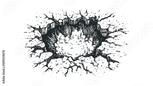 Explosion impact hole in fractured ground on transparent background. Vector hand drawn illustration