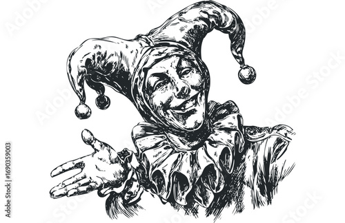 Jester character with jester hat and ruffled collar on transparent background. Vector hand drawn illustration