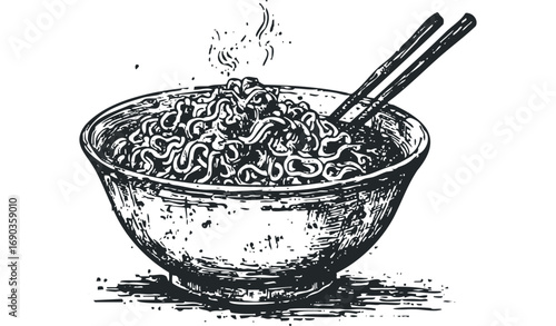 Steaming Bowl of Noodles with Chopsticks. Vector hand drawn illustration