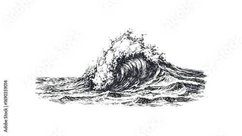 Detailed sketch of a powerful ocean wave crashing with spray on a transparent background. Vector hand drawn illustration