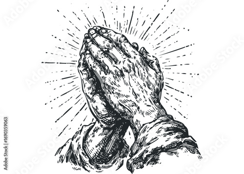 Hands clasped in prayer with radiating light streaks. Vector hand drawn illustration