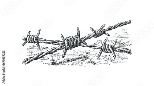 Vintage barbed wire close-up on a transparent background, ink sketch. Vector hand drawn illustration