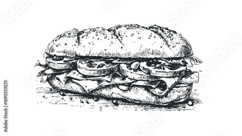 Sketch of stacked sub sandwich with cheese tomato and lettuce on transparent background. Vector hand drawn illustration