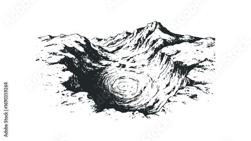 Monochromatic mountain landscape with deep chasm and spiral texture. Vector hand drawn illustration