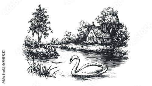 Ink sketch of a swan swimming in water near a quaint cottage and trees. Vector hand drawn illustration