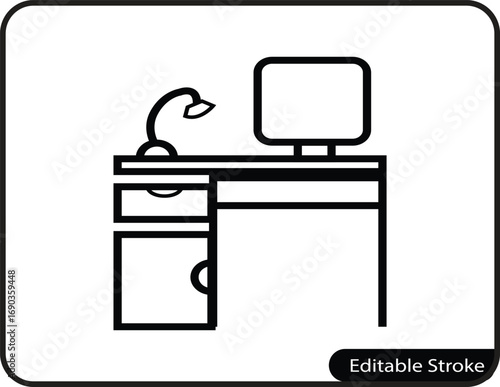 A clean and modern line art icon of a study desk, representing remote work, online learning, and home office environments