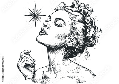 Vintage styled woman with star burst artwork. Vector hand drawn illustration