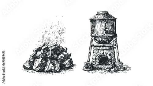 Hand Drawn Pile of Burning Coal Next to Stone Forge on Transparent. Vector hand drawn illustration