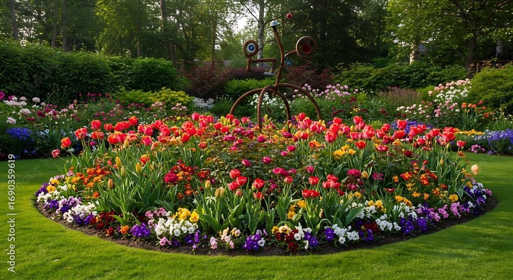Obraz premium Vibrant Flower Bed in a Lush Garden Landscape.