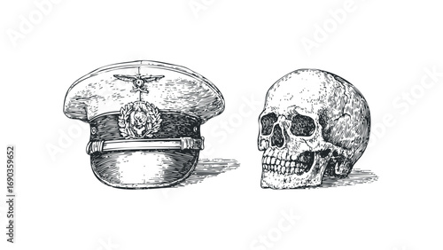 Vintage drawing of a military cap and a human skull on transparent background. Vector hand drawn illustration