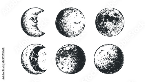 Collection of hand drawn moon phases with faces on transparent background. Vector hand drawn illustration