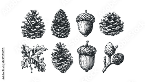 Collection of Pine Cones Acorns and Oak Leaves on Transparent. Vector hand drawn illustration