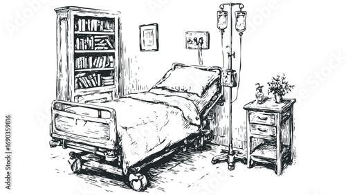 Sketch of a hospital room with bed and IV drip on transparent background. Vector hand drawn illustration