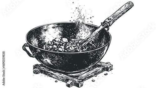 Wok cooking with steam and wooden utensil,. Vector hand drawn illustration