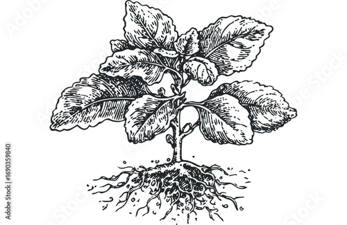 Line drawing of a plant with visible root system on transparent background. Vector hand drawn illustration
