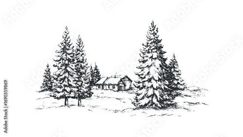 Pen and ink sketch of a snowy forest scene with cabins. Vector hand drawn illustration