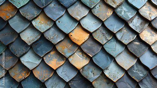 Textured pattern of overlapping scales in blue and orange hues