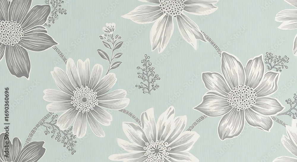 Fototapeta premium Seamless floral pattern with light blue background and grey flowers