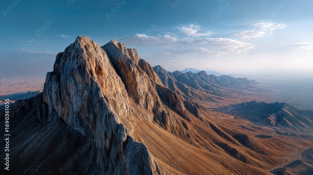 Naklejka premium Majestic mountain range against a clear blue sky, with rugged peaks and valleys. The landscape exhibits a sense of scale and grandeur