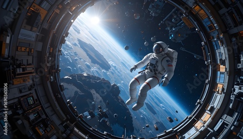 Astronaut Floating in Space Station Orbit Window with Stunning View of Earth, Sci-Fi Futuristic Scene Depicting Space Travel, Exploration, Zero Gravity Adventure, and Human Presence Beyond Planet