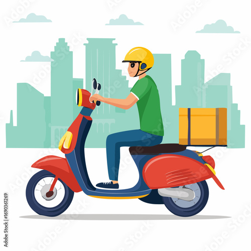 Fast delivery service rider on a retro scooter carrying a package box through the city, cartoon vector illustration of efficient urban courier