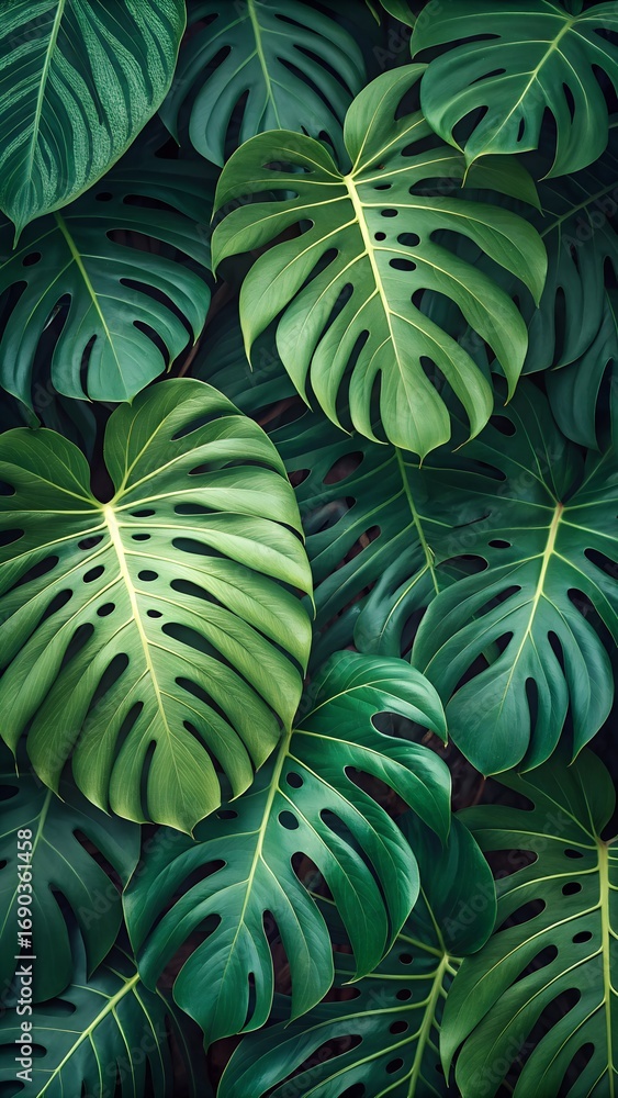 Fototapeta premium Verdant Layers – Overlapping Monstera Leaves in Rich Green Tones with Natural Splits and Holes, Tropical Foliage, Botanical Texture, Jungle Aesthetic, Nature-Inspired Design, Lush Pattern, Organic Abu