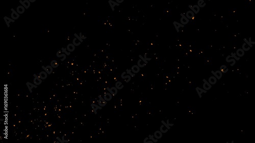 Glowing orange embers floating gently on dark black background. Abstract fire bokeh on smoke background 4k. Particles flying in wind on fire background Animation, Seamless loop. Sparks on a black.