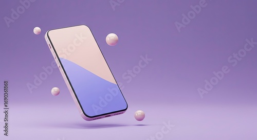 Purple background with phone displaying dualtone screen and floating spheres modern and simple aesthetic
