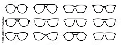 Sunglasses silhouettes. Fashion eyeglasses icons. Different shapes frame isolated on white background. Vector illustration.