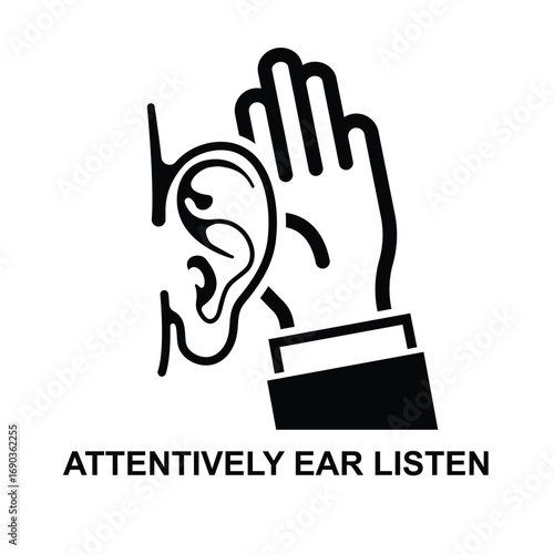 Attentively ear listen icon. Hear rumor or secret isolated on background vector illustration. Non AI generate
