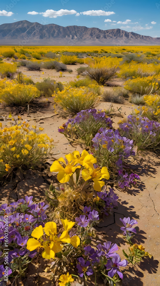 Obraz premium Stunning desert wildflower bloom under blue sky, vibrant yellow and purple flowers in bloom