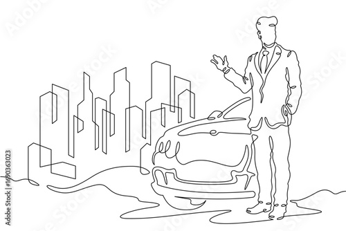 Continuous one line drawing successful businessman. Man next to expensive car. Skyscrapers of business center. Ink line.Line art.One continuous line isolated illustration.Not AI.