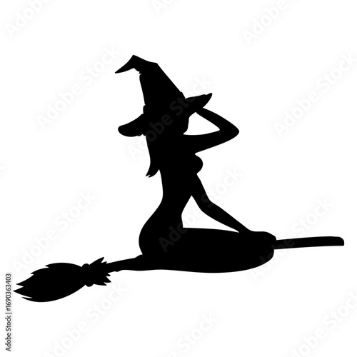 Silueta de bruja desnuda sexy con sombrero y sentada en una escoba para su uso en felicitaciones y tarjetas de Halloween