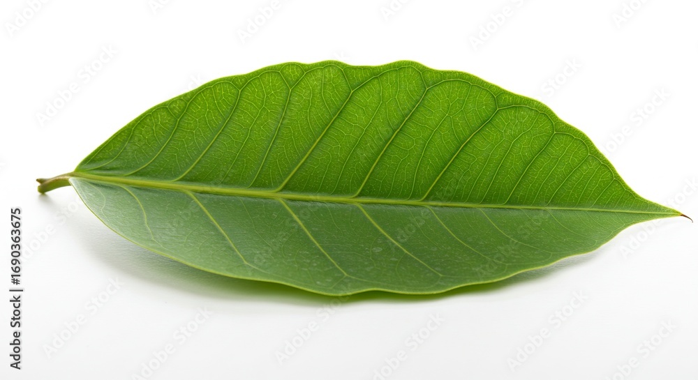 Obraz premium A vibrant green leaf exhibits intricate vein patterns against a stark white backdrop highlighting its natural textures