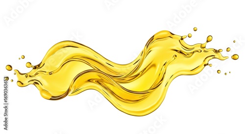 A vibrant golden liquid splash in a dynamic horizontal wave against a stark white background