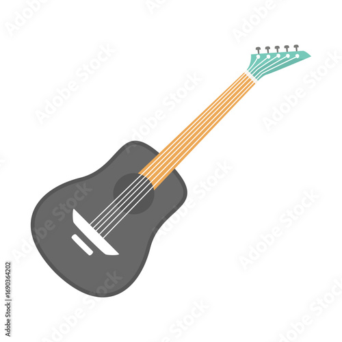 A close-up of a stylized acoustic guitar with colorful strings against a plain background
