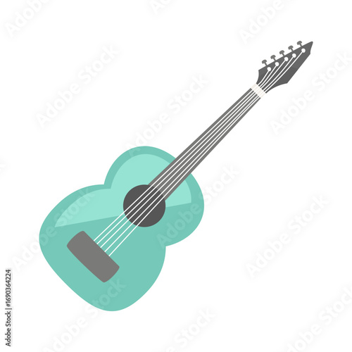 A vibrant illustration of a turquoise guitar with a unique shape and design