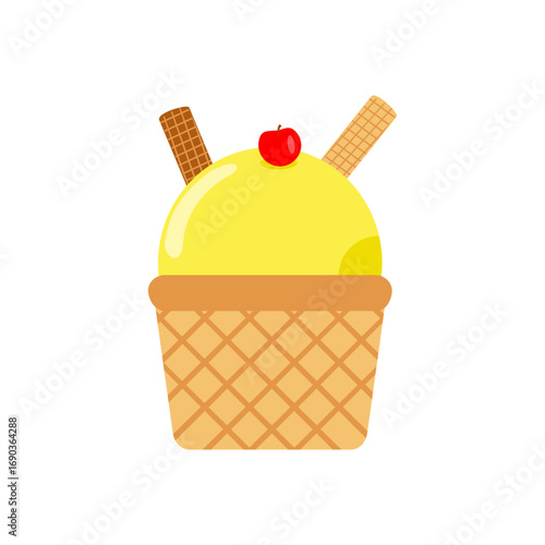 Bright yellow ice cream scoop topped with a cherry in a waffle cone, set against a white background