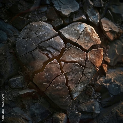 Cracked stone in shape of heart, broken love metaphor, dramatic lighting.