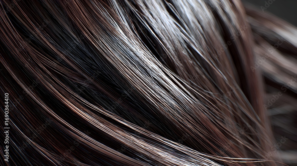 Obraz premium Shiny healthy dark brown human hair close up macro texture background showing natural smooth strands and glossy highlights for beauty, salon, haircare, and cosmetic design.