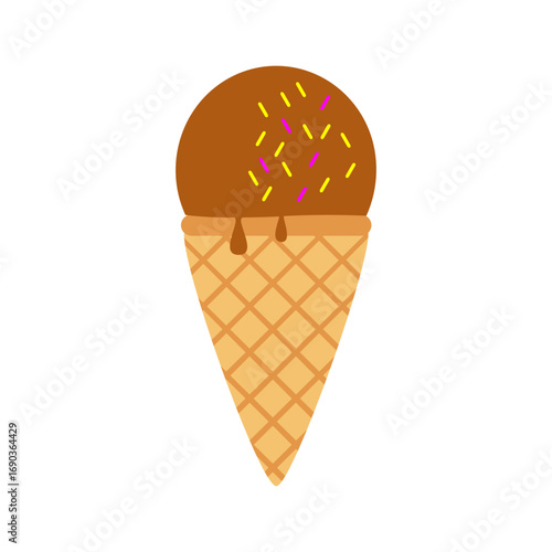 Colorful chocolate ice cream with sprinkles in a waffle cone against a plain white background