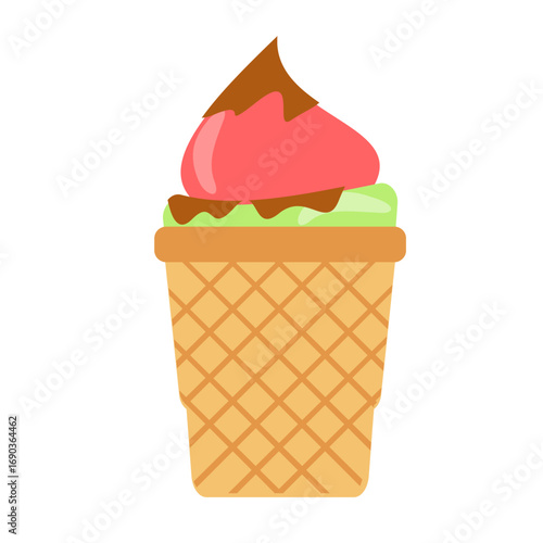 Colorful ice cream cone featuring vibrant flavors and a playful design against a white background